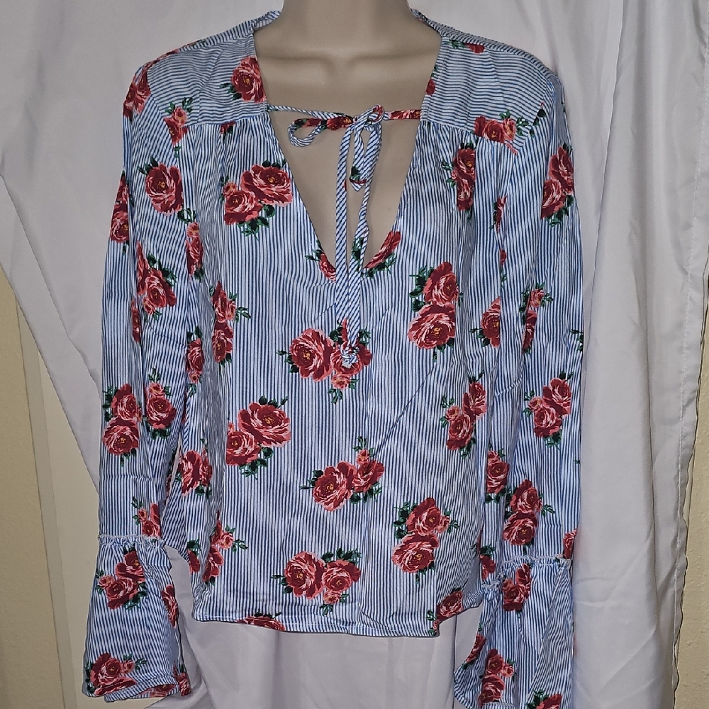 Joe B Blue and Red Floral Blouse
